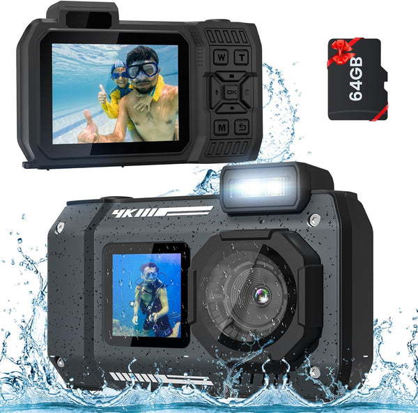 4K Underwater Camera 33FT Waterproof Camera, 65MP Autofocus Selfie Dual-Screen Underwater Camera for Snorkeling Waterproof Compact Floatable Digital Camera with 64GB Card(Black)