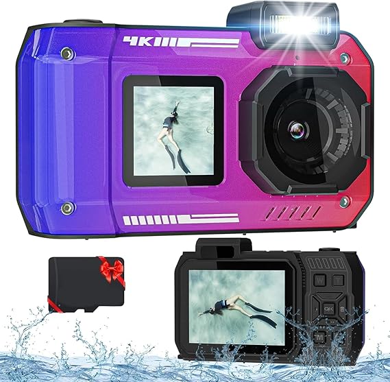 4K 33FT Digital Camera, 48MP Underwater Camera Waterproof Rugged Dustproof Shockproof for Snorkeling Diving, Selfie Dual-Screen Point and Shoot Digital Camera with 32G Card -Gradient Purple