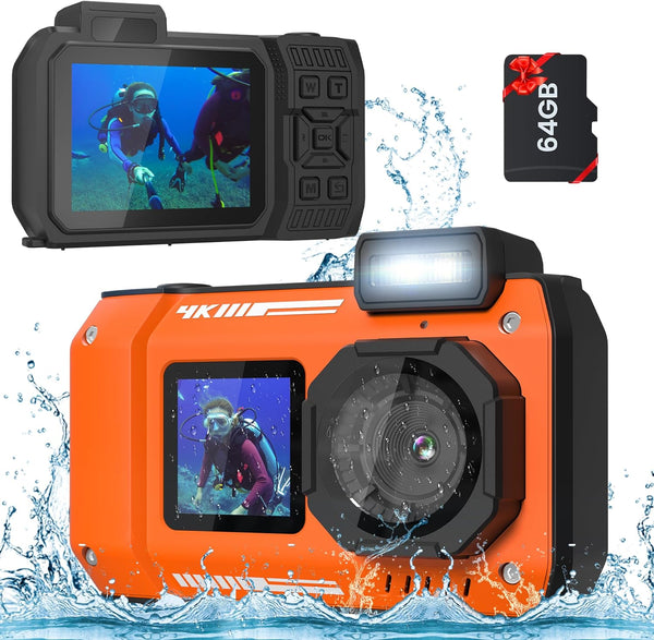 4K Underwater Camera 33FT Waterproof Camera, 65MP Autofocus Selfie Dual-Screen Underwater Camera for Snorkeling Waterproof Compact Floatable Digital Camera with 64GB Card(Orange)