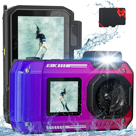 8K 70MP Digital Camera, 33FT Underwater Camera Waterproof Rugged Dustproof Shockproof for Snorkeling Diving, Selfie Dual-Screen Point and Shoot Digital Camera with 32G Card -Gradient Purple