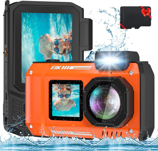 Upgraded 8K 70MP Underwater Camera with 32G Card, 33FT Waterproof Camera Rugged Dustproof Shockproof for Snorkeling, Selfie Digital Camera for Diving, Dual-Screen Underwater Photography Camera -Orange