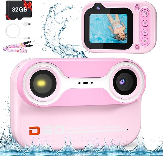 10FT Underwater Camera for Kids, Kids Waterproof Camera, 1080P Video Camera for Snorkeling, Christmas Birthday Gifts Pool Toys for Girls Ages 4-12, Toddler Digital Action Camera with 32GB Card -Pink