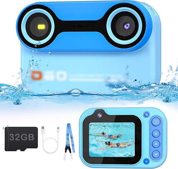 10FT Underwater Camera for Kids, Kids Waterproof Camera, 1080P Video Camera for Snorkeling, Christmas Birthday Gifts Pool Toys for Girls Ages 4-12, Toddler Digital Action Camera with 32GB Card -Blue